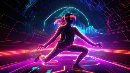 3d rendering of a woman wearing virtual reality glasses with neon lightsの素材