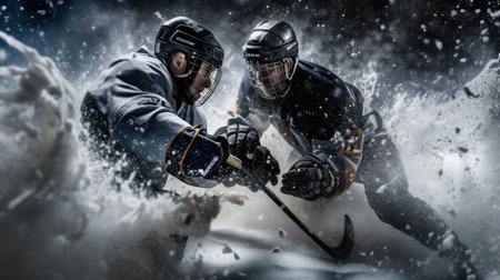 Ice hockey players in action, motion, action. Isolated on black background.の素材