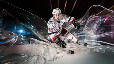 Ice hockey player in action, motion on the ice. Studio shot.の素材