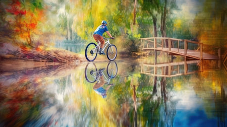 Cyclist riding a bike on a wooden bridge over a lake.の素材