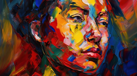 Abstract oil painting of a woman's face in red, orange, yellow and blue colorsの素材