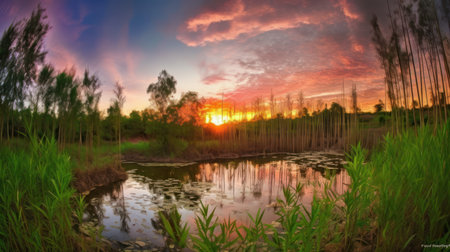 Sunset in a rice field with reflection in the water,Thailandの素材