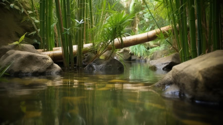 Bamboo forest and stream in the rainforest. Nature background.の素材