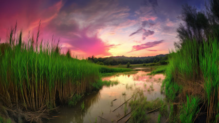 Beautiful sunset over the river in the countryside of Thailand. Panoramaの素材