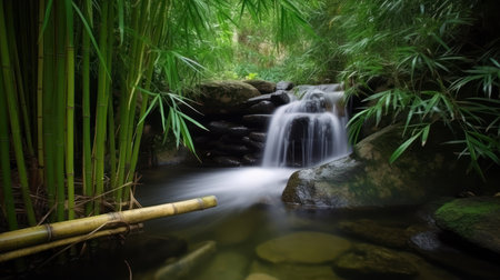 Waterfall in tropical forest with bamboo and rock, beautiful nature backgroundの素材