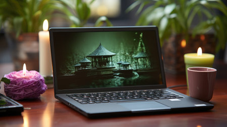 Laptop on the table with a picture of the temple on the screenの素材
