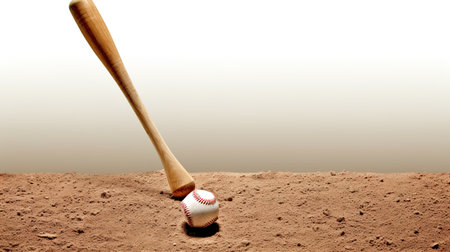 Baseball ball and bat on a sand background with copy space.の素材