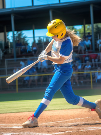 Young girl baseball player in action on the field during a baseball game.の素材