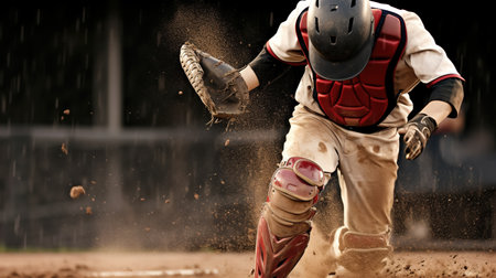 Baseball player in action on the field during a baseball game.の素材