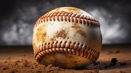 Baseball ball on dirt background with stormy sky, 3d renderの素材