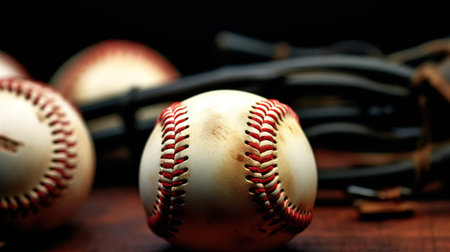 Baseball and baseball equipment on a dark background. Close up.の素材