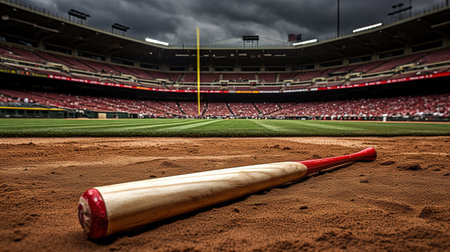 Baseball bat and ball on the field with stadium in the backgroundの素材
