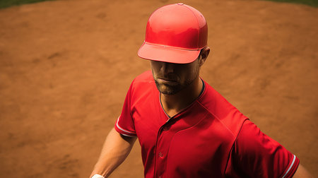 Baseball player in red uniform on a baseball field. Soft focus.の素材