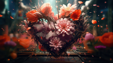 Heart-shaped flower bouquet on laptop keyboard. 3D renderingの素材