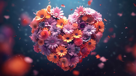 Heart shape made of colorful flowers on blue background. 3D renderingの素材