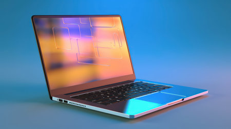 Laptop on the blue background. 3d rendering. Computer digital drawing.の素材