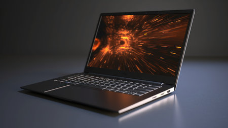 Laptop on a dark background. 3d rendering. Computer generated image.の素材