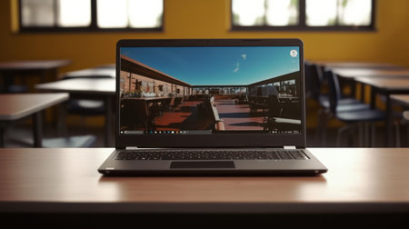 Laptop on a table in a classroom. 3d rendering.の素材