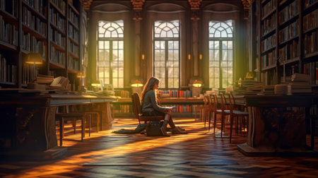 Young woman reading a book in the library. 3D rendering.の素材