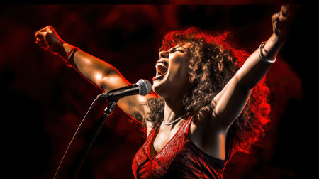Young african american woman singing into a microphone on black backgroundの素材