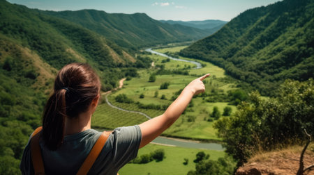 A girl with a backpack stands on the edge of a mountain and points to the valley.の素材