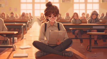 Girl reading a book in a high school classroom. Education concept.の素材