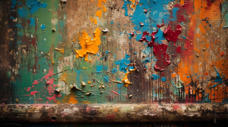 Colorful paint splashes on a wooden wall. Abstract background.の素材