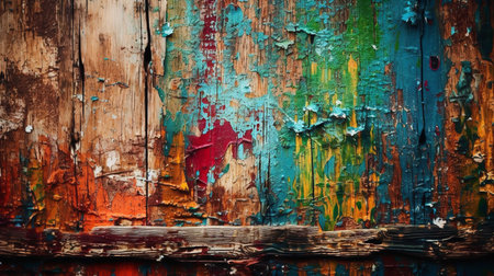 Old wooden background with peeling paint. Colorful wood texture.の素材