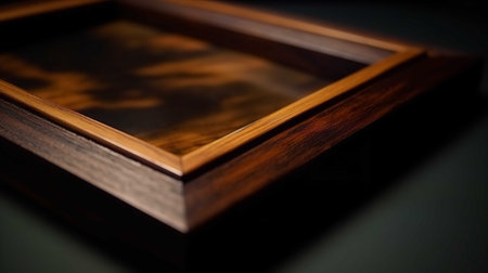 Wooden picture frame on a black background, shallow depth of fieldの素材