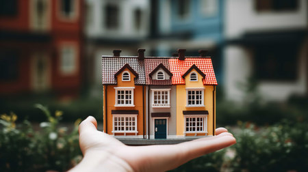 Hand holding a small model of a house in front of a blurred backgroundの素材