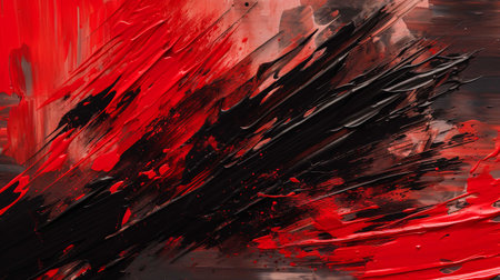 Red and black paint brush strokes on a black background. Abstract art background.の素材