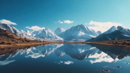 Mountains reflected in the lake. Landscape with mountains and skyの素材