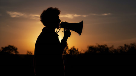 Silhouette of a woman with a megaphone at sunsetの素材