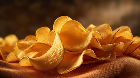 Potato chips on a brown background. Close-up. Selective focus.の素材
