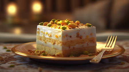 Cake with pistachios on a plate, close-upの素材
