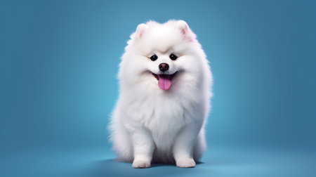 Cute white Pomeranian dog sitting on blue background, studio shotの素材