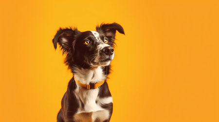 Funny studio portrait of cute smilling puppy border collie dog isolated on orange background. New lovely member of family little dog gazing and waiting. Pet care and animals conceptの素材