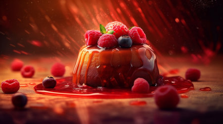 Panna Cotta with fresh raspberries and blueberries.の素材