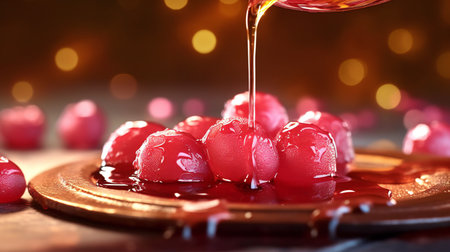 Pouring syrup on sweet cherry dessert on wooden table, closeupの素材