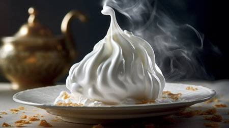 Creamy meringue on a white plate on a dark backgroundの素材
