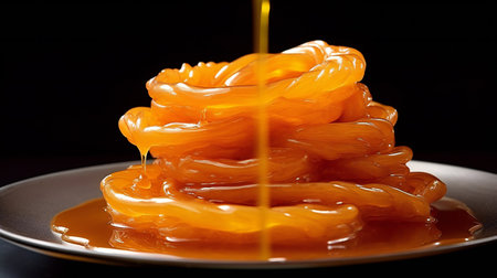 Close up of orange zest on a plate with honey on black backgroundの素材