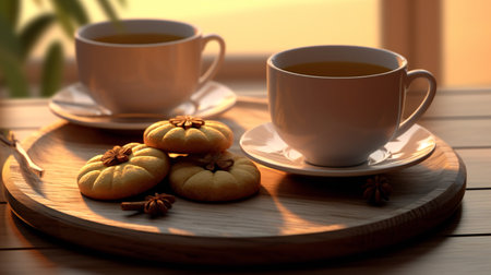 Cup of tea and cookies on a wooden tray in the sunlightの素材