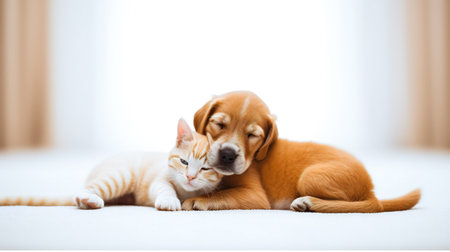 Beagle puppy and cat lying together on the floor in the roomの素材