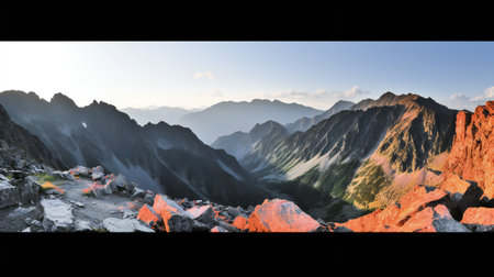 Panoramic view of the mountains at sunset. 3D Renderingの素材