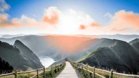 Panoramic view of beautiful mountain landscape with wooden path and sunsetの素材