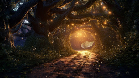 3D rendering of an old tree tunnel in the forest at nightの素材