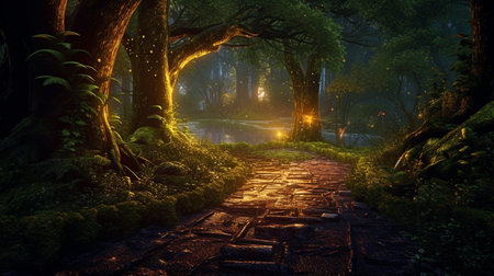 The path in the forest at night, 3d rendering. Computer digital drawing.の素材