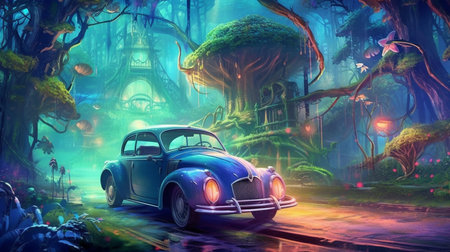 Vintage car on the road in the fantasy forest. 3d renderingの素材