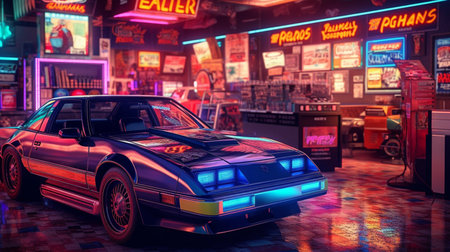 A closeup shot of a vintage car parked in the night clubの素材