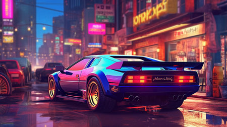 Sci-fi car in a city. 3D rendering.の素材